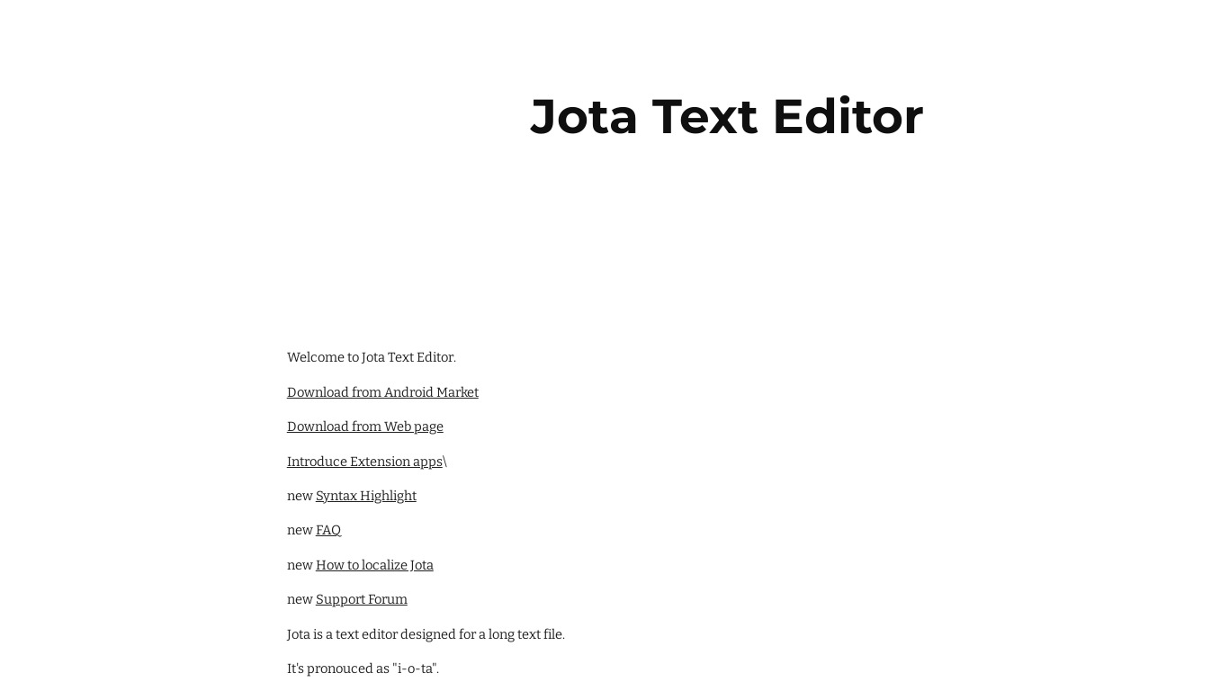 Jota Text Editor Landing page