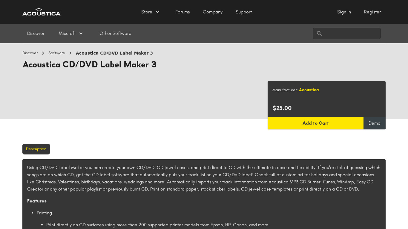 Acoustica CD Label Maker Landing page