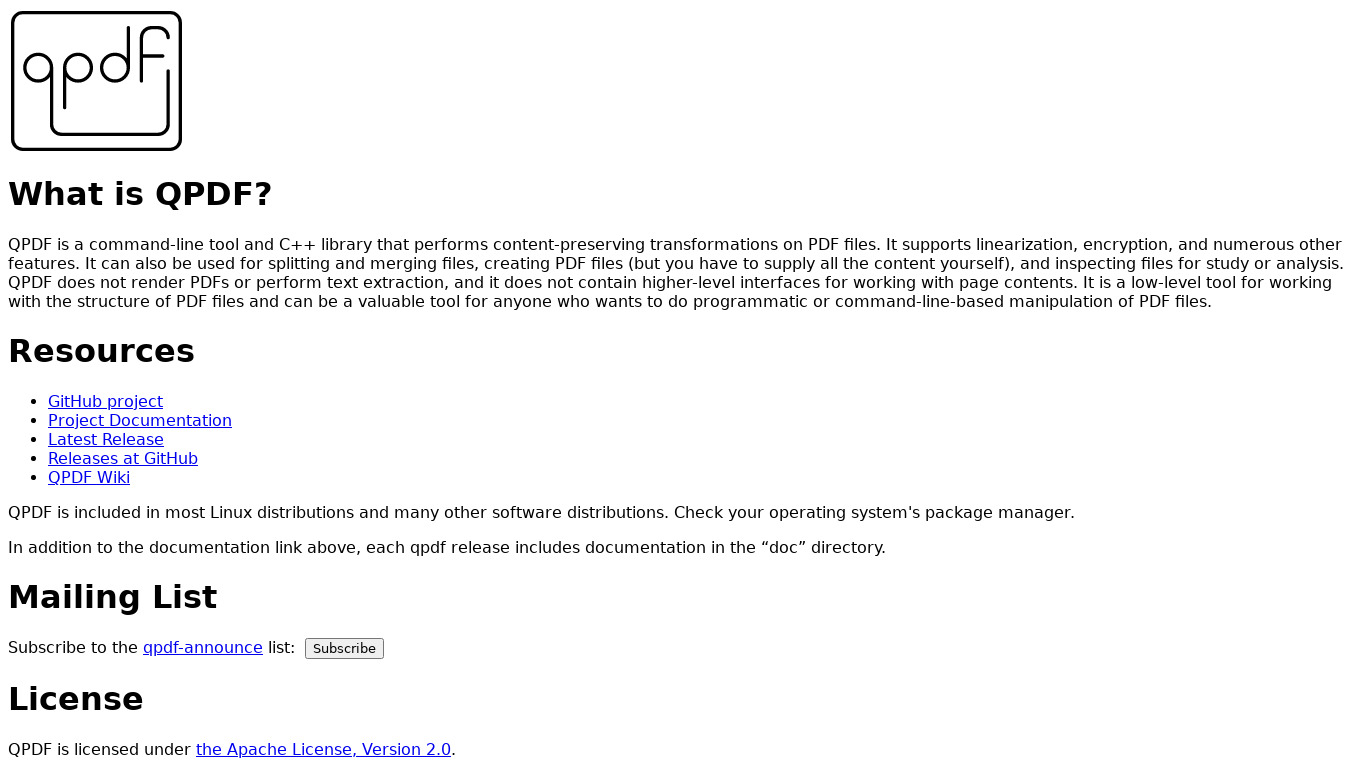 QPDF Landing page