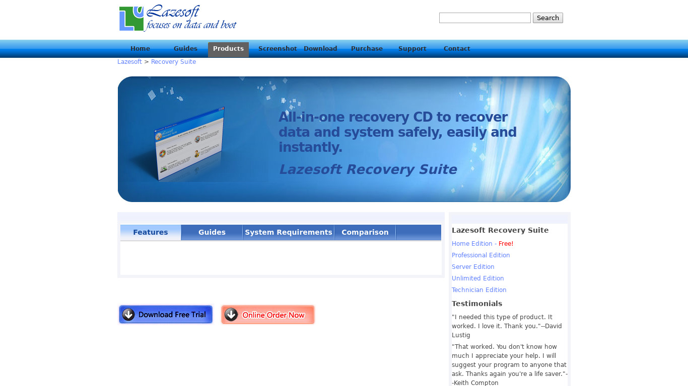 Lazesoft Recovery Suite Landing page