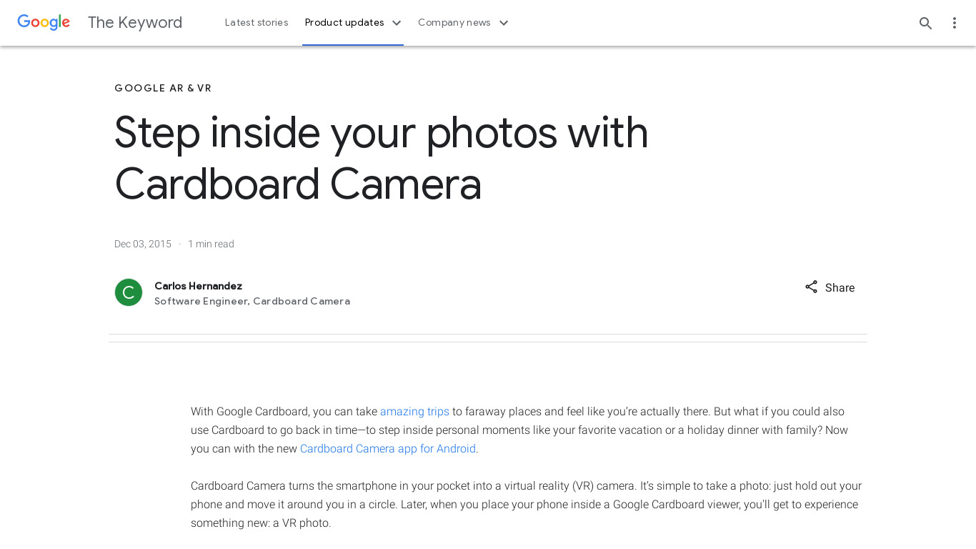 Cardboard Camera Landing page
