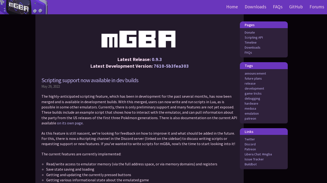 mGBA Landing page