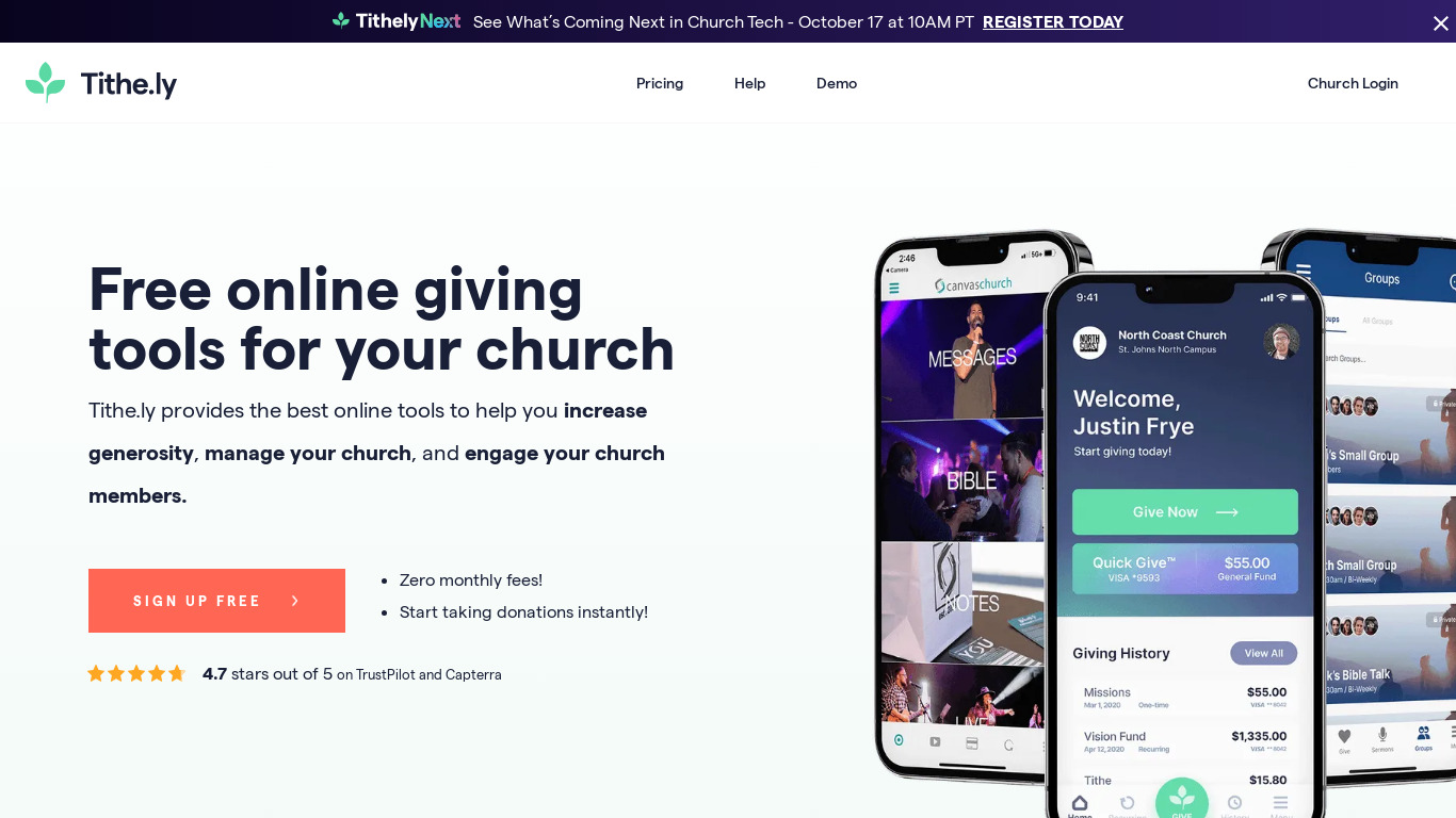 Tithe.ly Landing page
