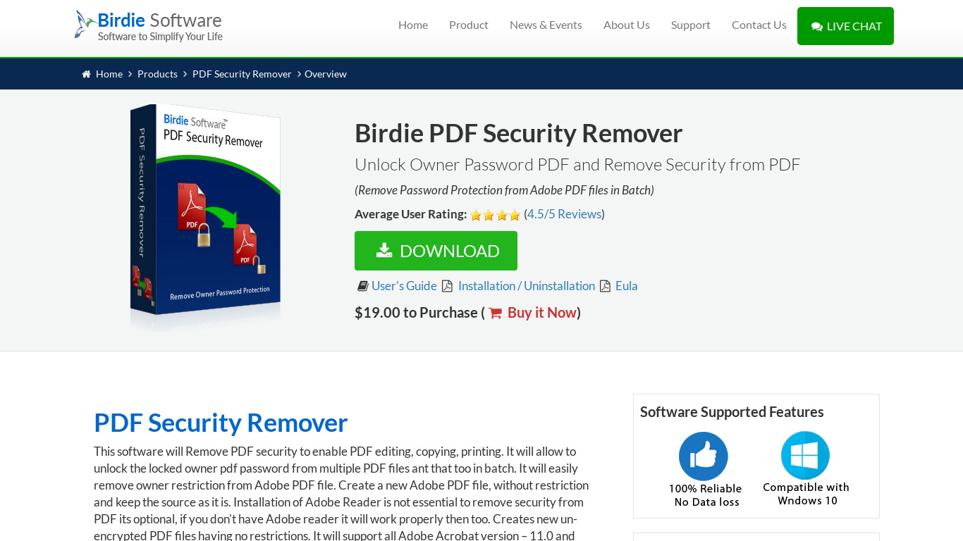 Birdie PDF Security Remover Landing page