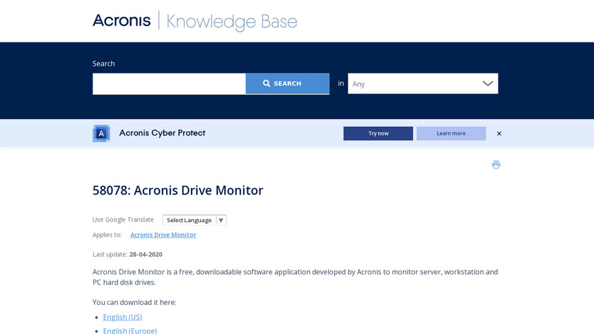 Acronis Drive Monitor Landing Page