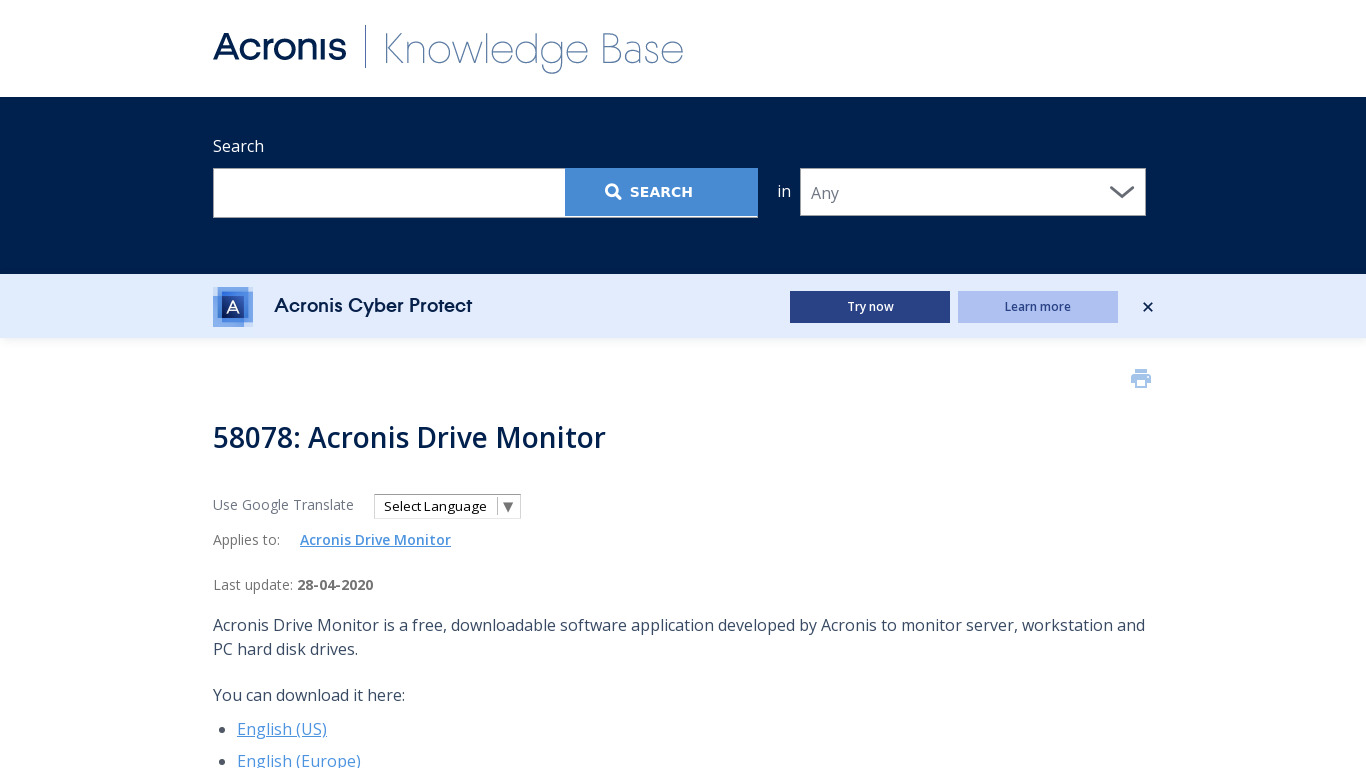 Acronis Drive Monitor Landing page
