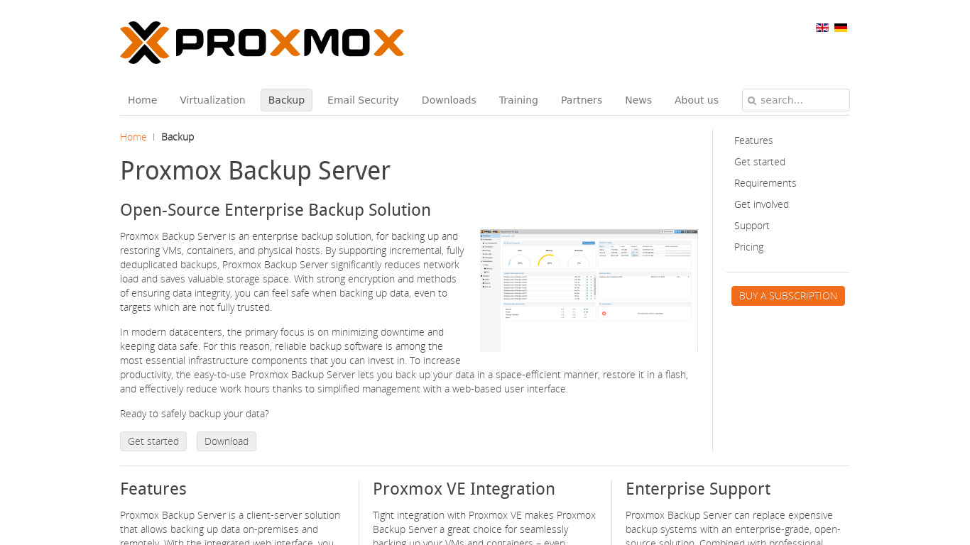 Proxmox Backup Server Landing page