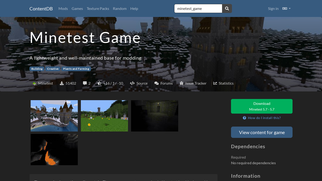 Minetest Game Landing page