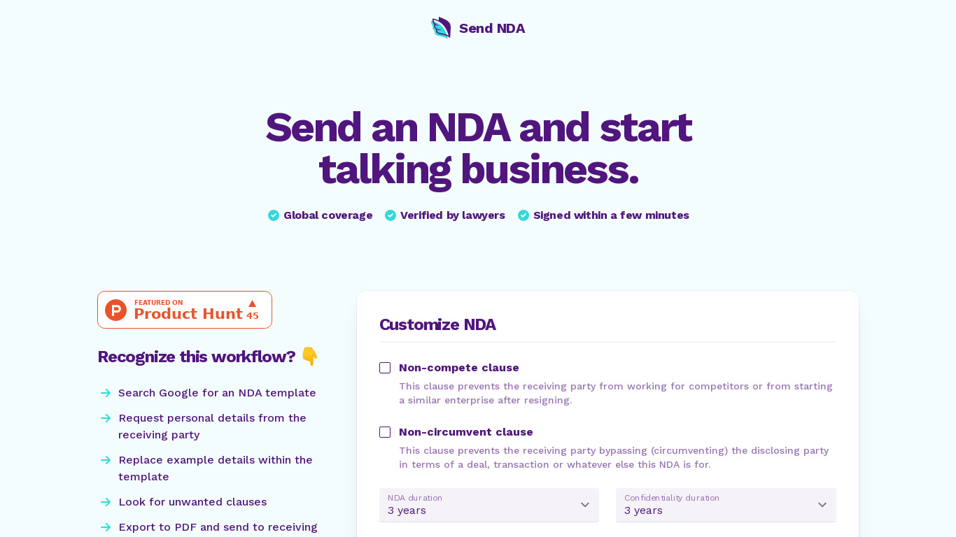 Send NDA Landing page