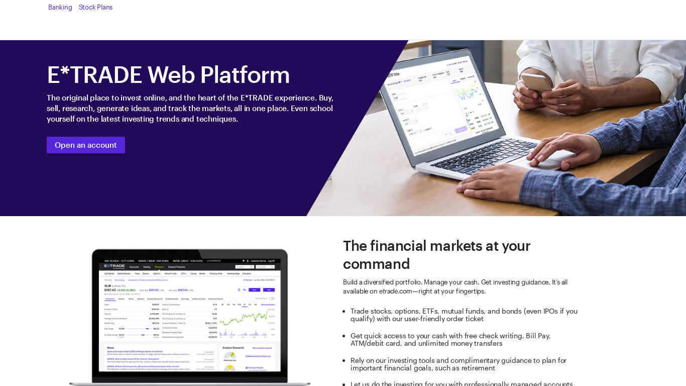 E*Trade Web Platform Landing page