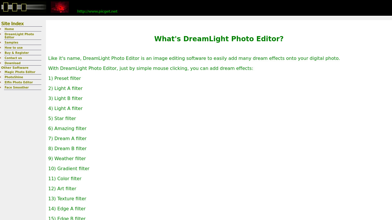 DreamLight Photo Editor Landing page