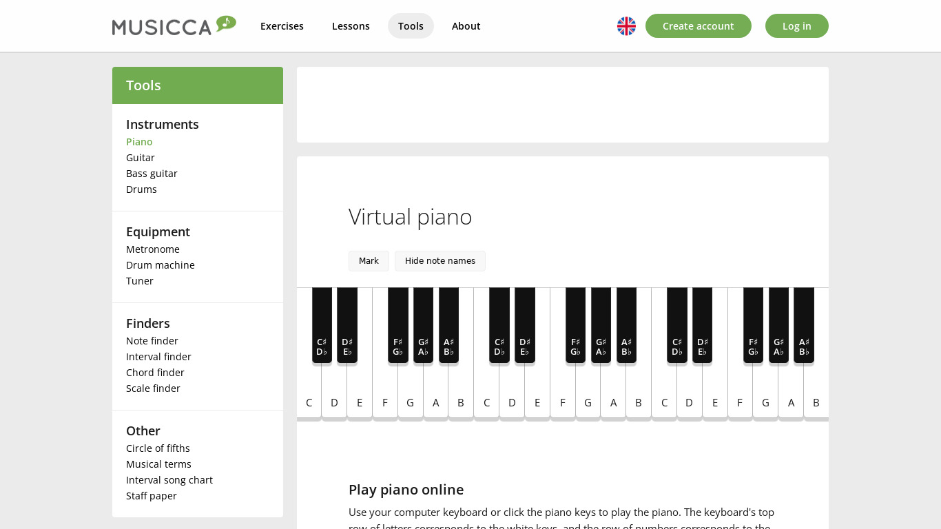 Musicca Piano Landing page
