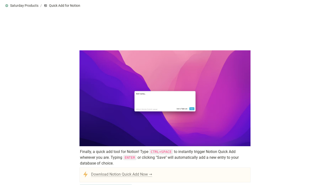 Quick Add for Notion Landing page
