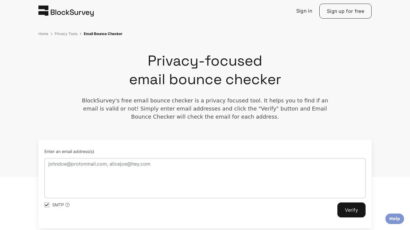 Email Bounce Checker from BlockSurvey Landing page