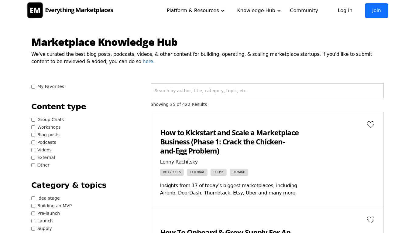 Marketplace Knowledge Hub Landing page