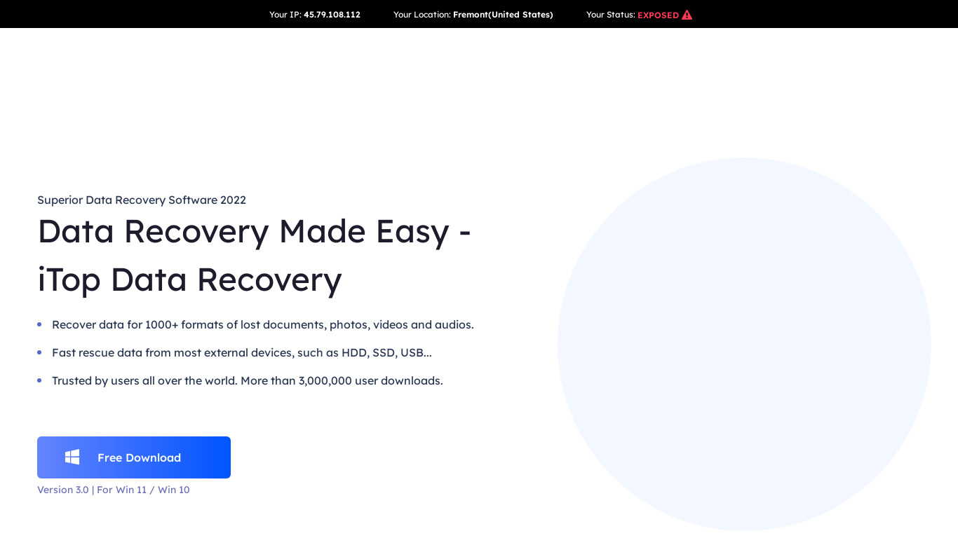 iTop Data Recovery Landing page