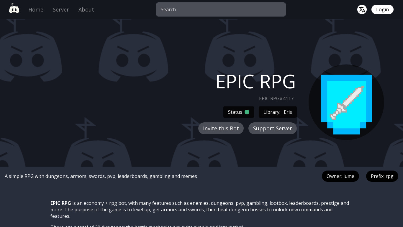 EPIC RPG Bot Landing page