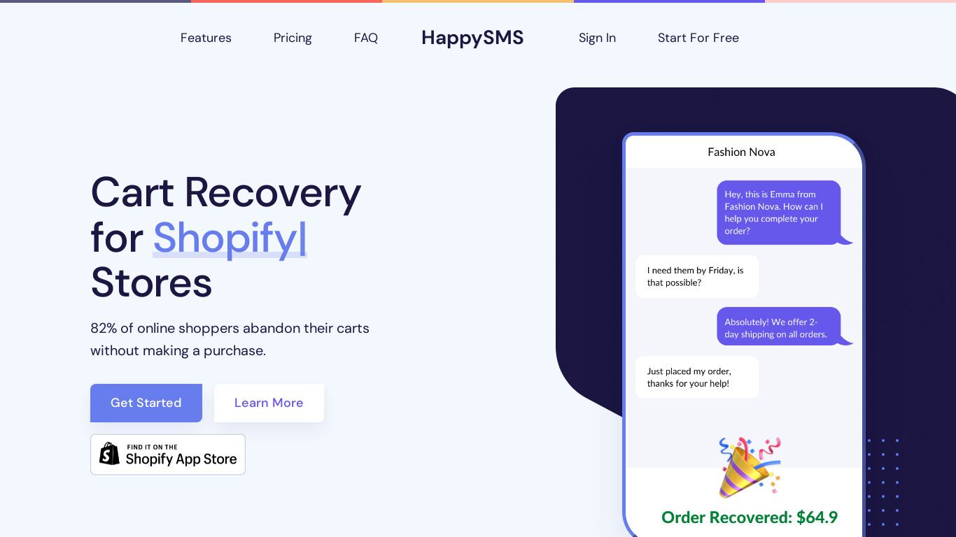 Happy SMS Landing page