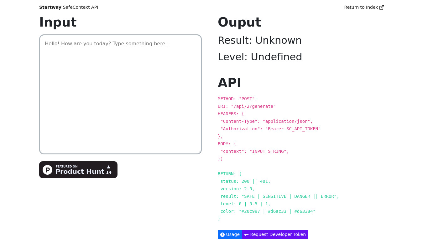 SafeContext API Landing page