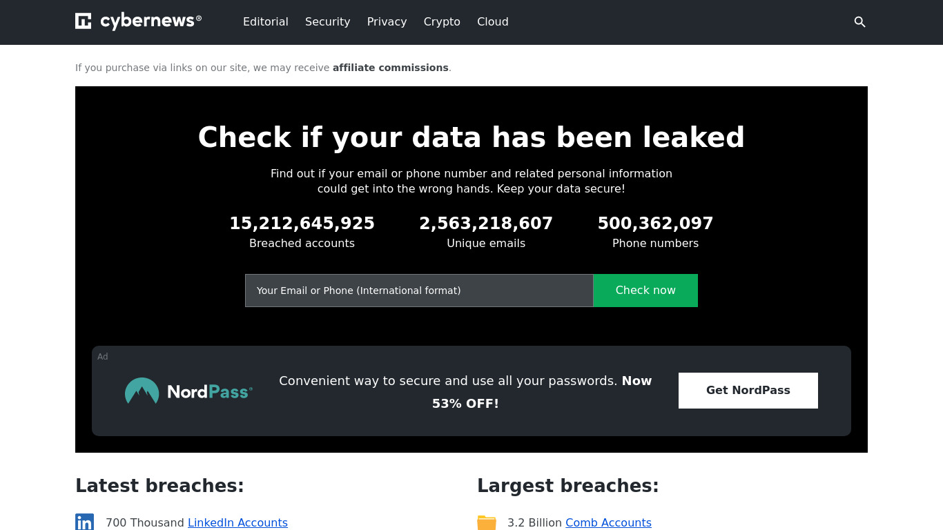 Personal Data Leak Checker Landing page
