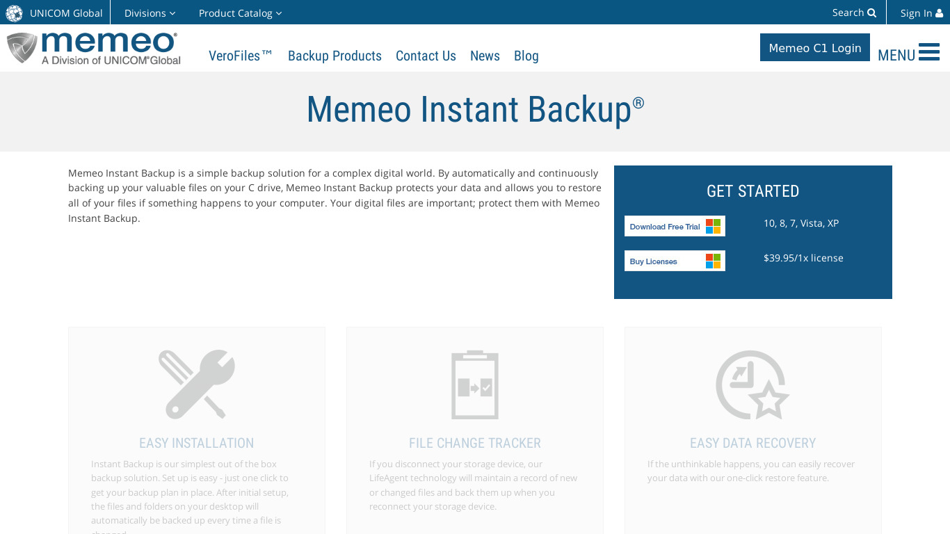 Memeo Instant Backup Landing page