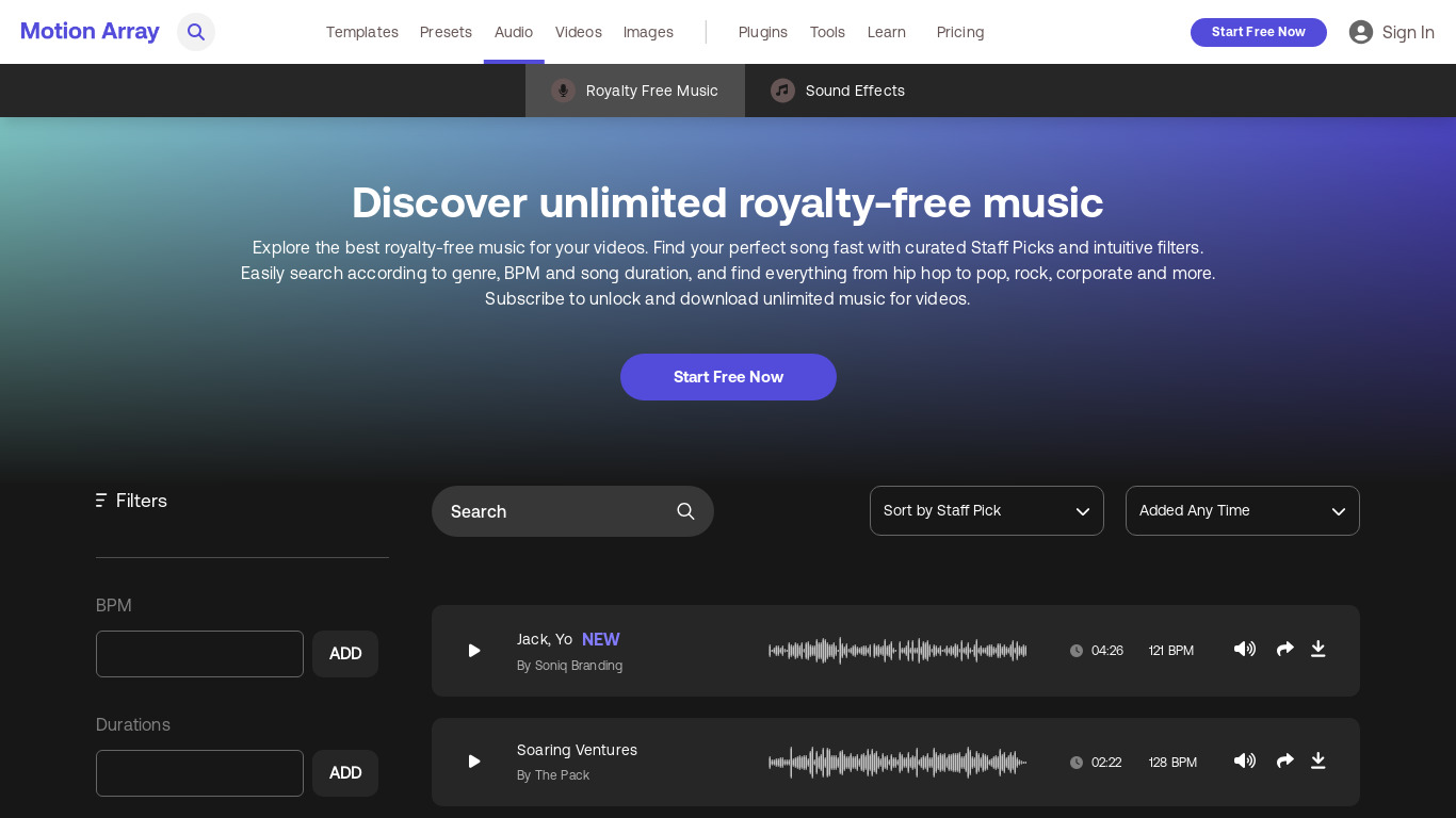 Motion Array Free Stock Music Landing page