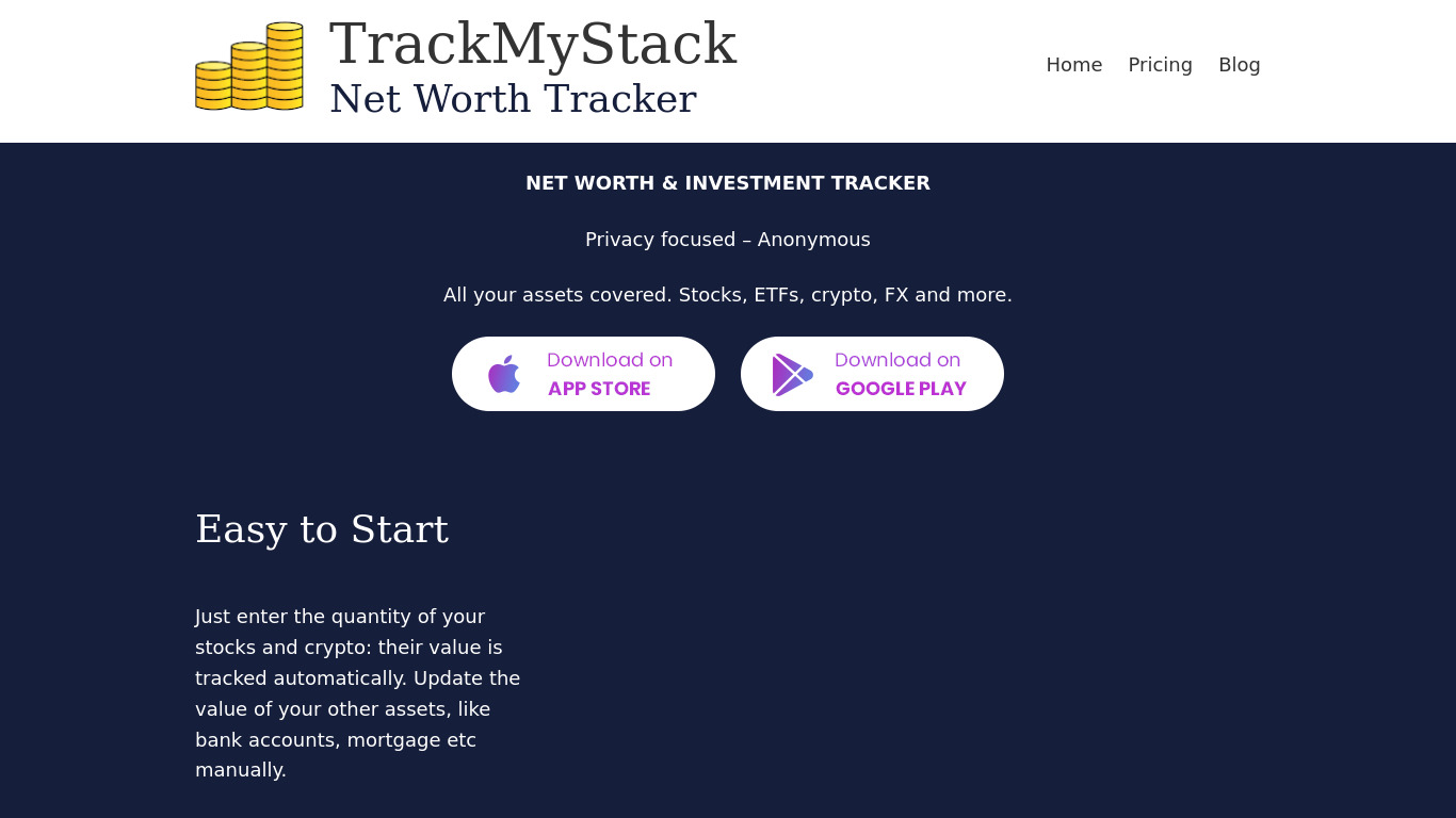 TrackMyStack Net worth Tracker Landing page