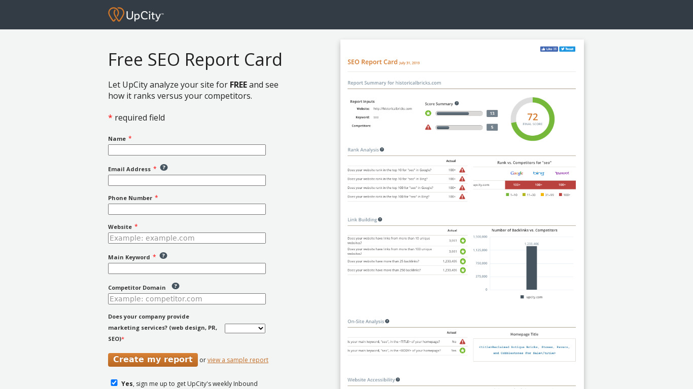 UpCity Free SEO Report Card Landing page
