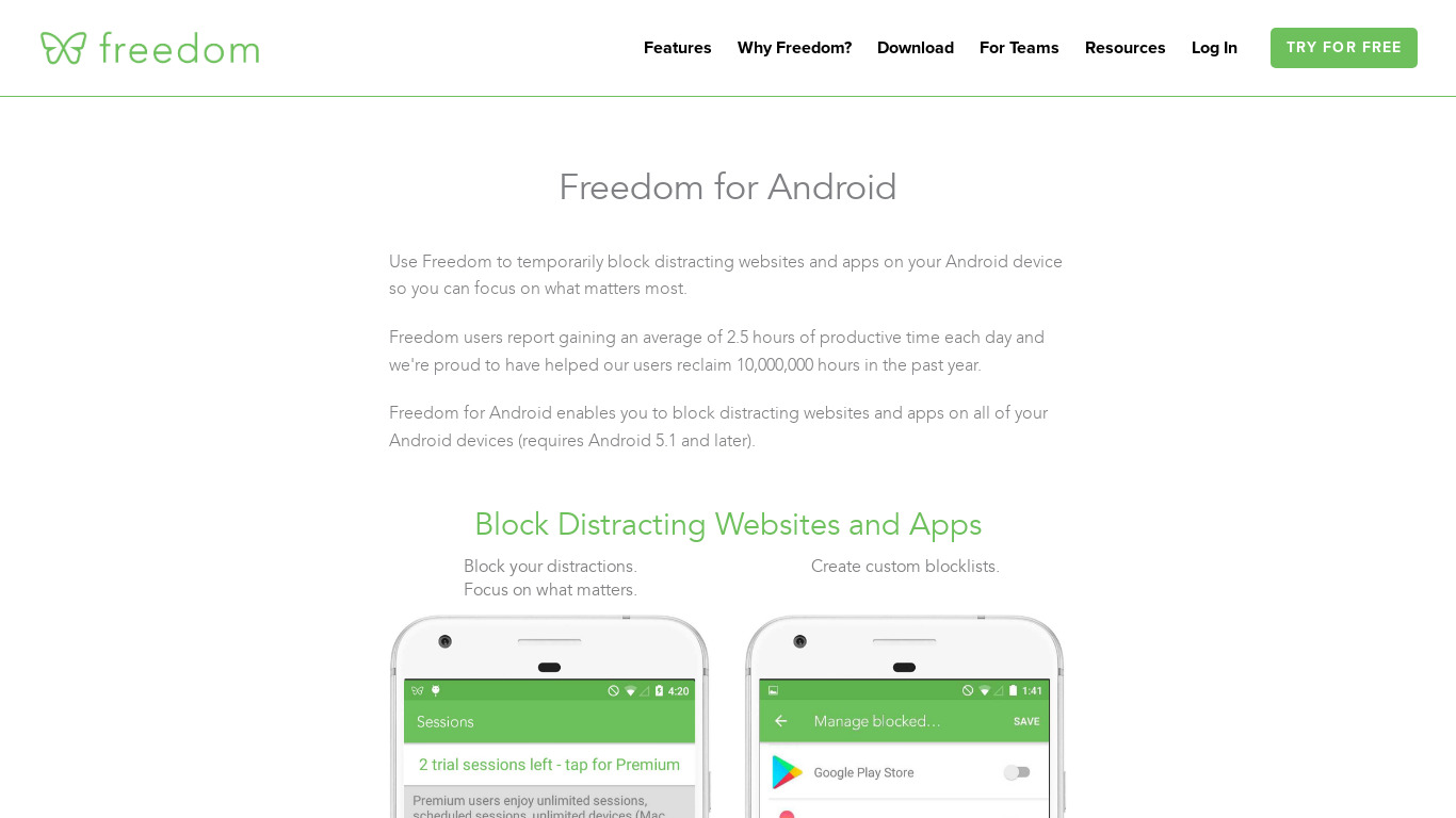 Freedom Android Landing page