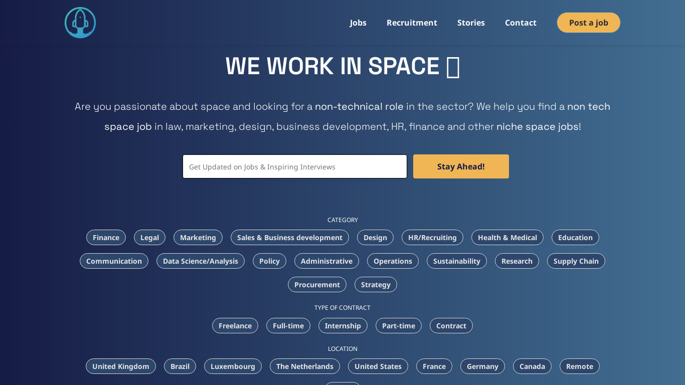We Work In Space Landing page