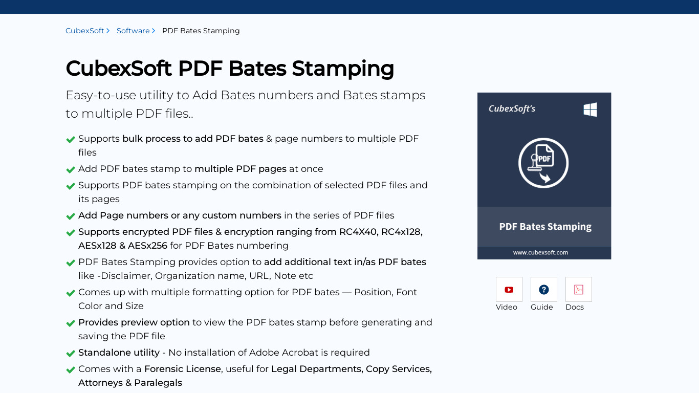 CubexSoft PDF Bates Stamping Landing page