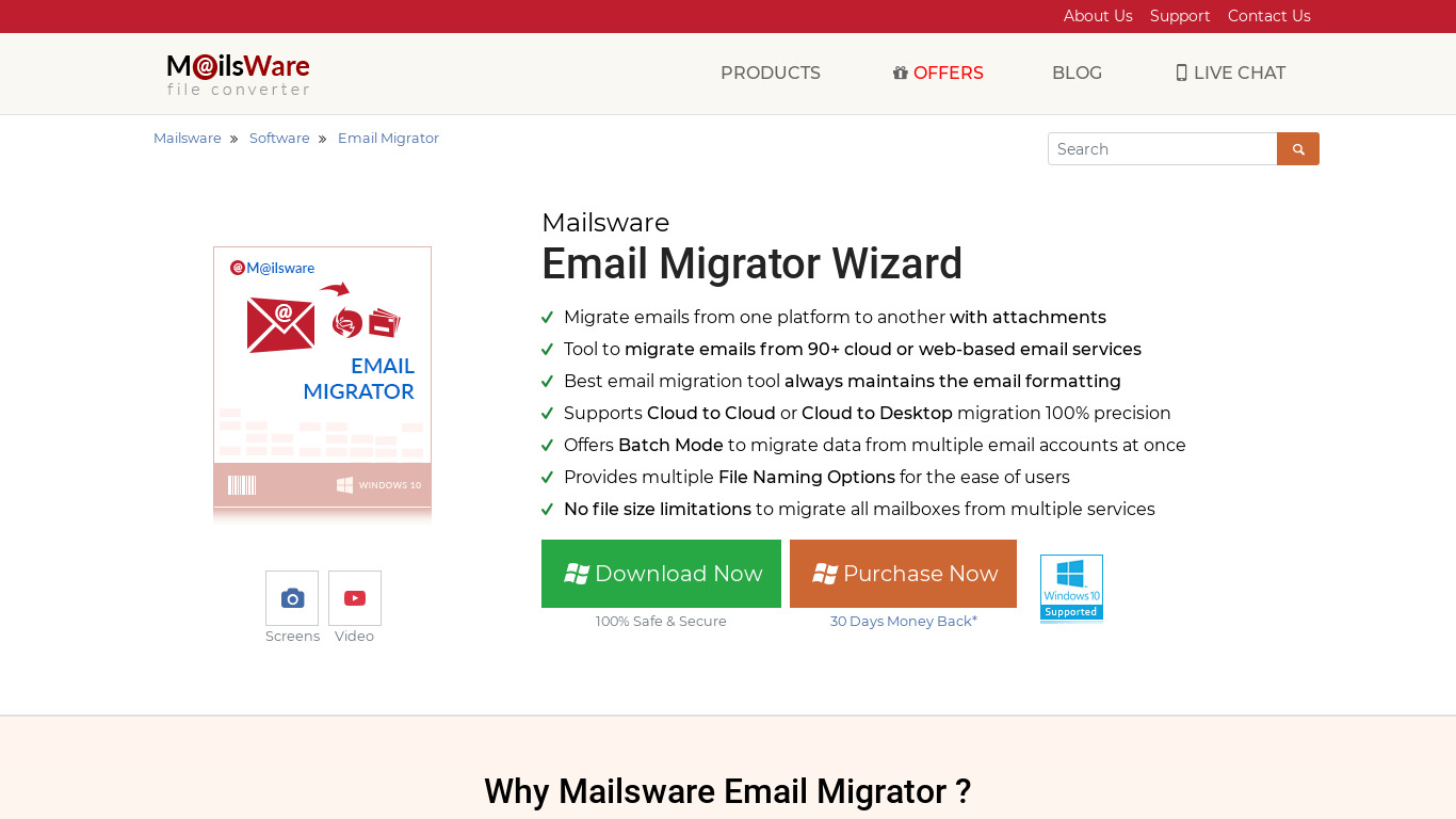 Mailsware Email Migrator Landing page