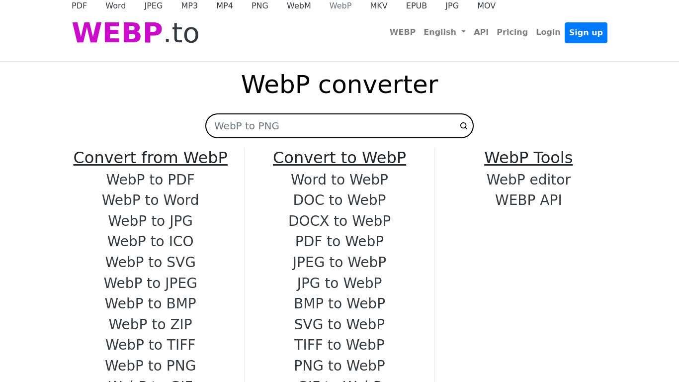 WEBP.to Landing page
