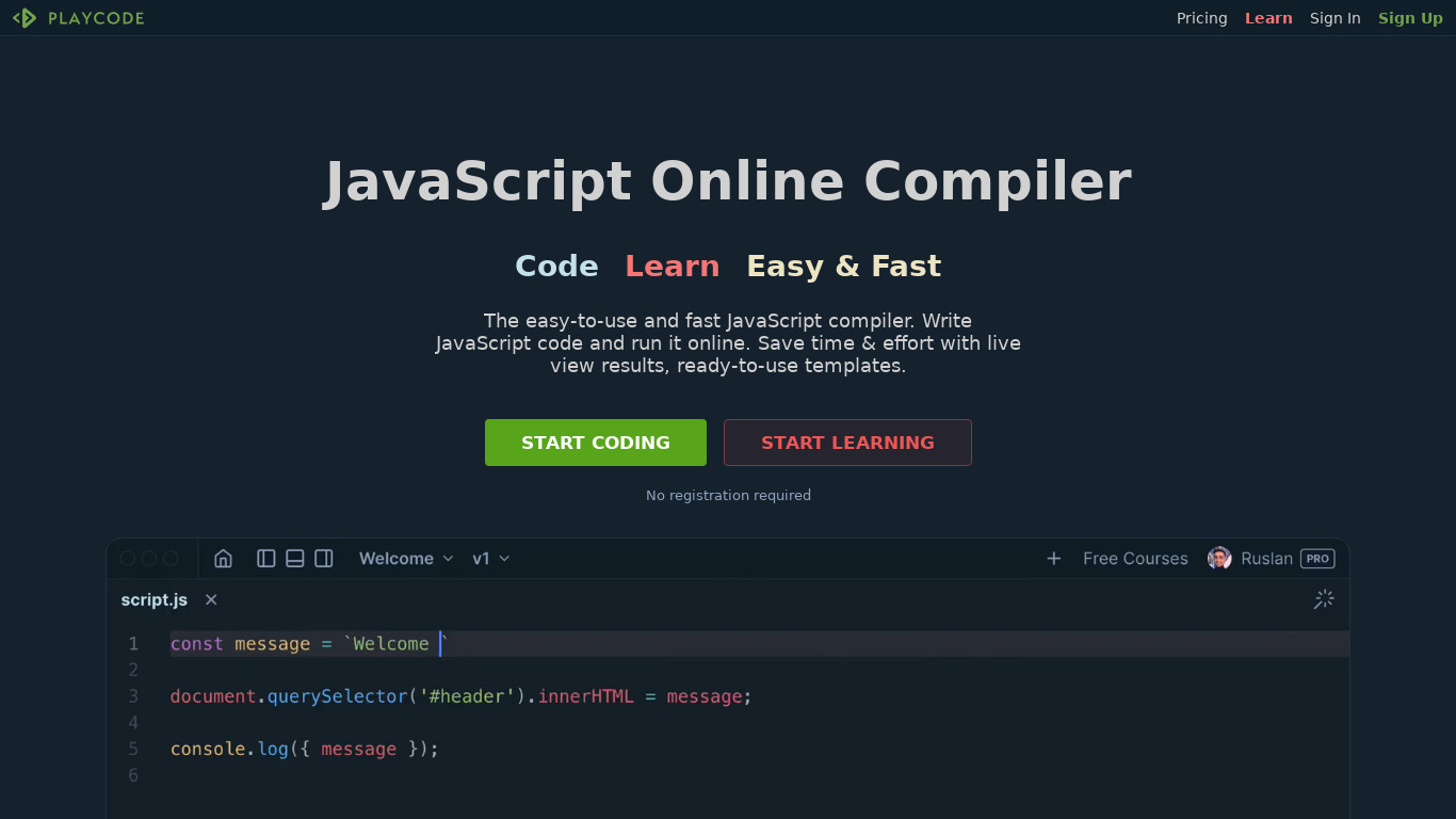 PLAYCODE.io JavaScript Online Editor Landing page
