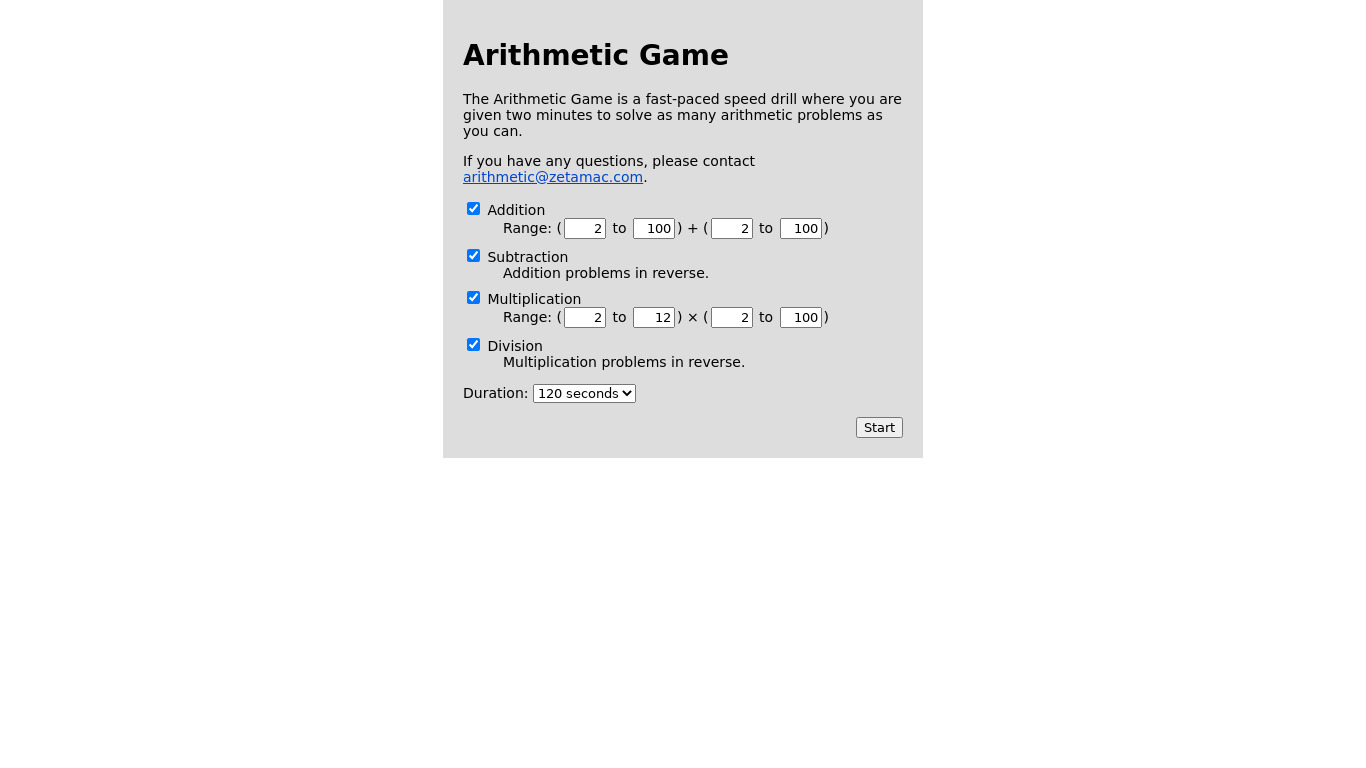 The Arithmetic Game Landing page