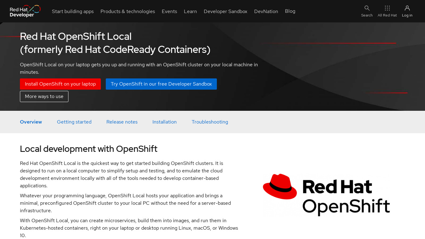 CodeReady Containers Landing page