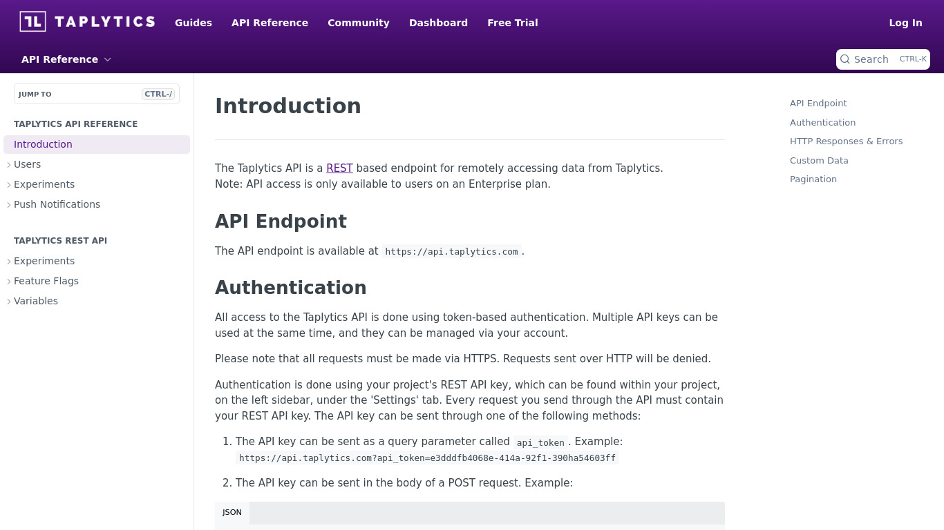 Taplytics REST API Landing page