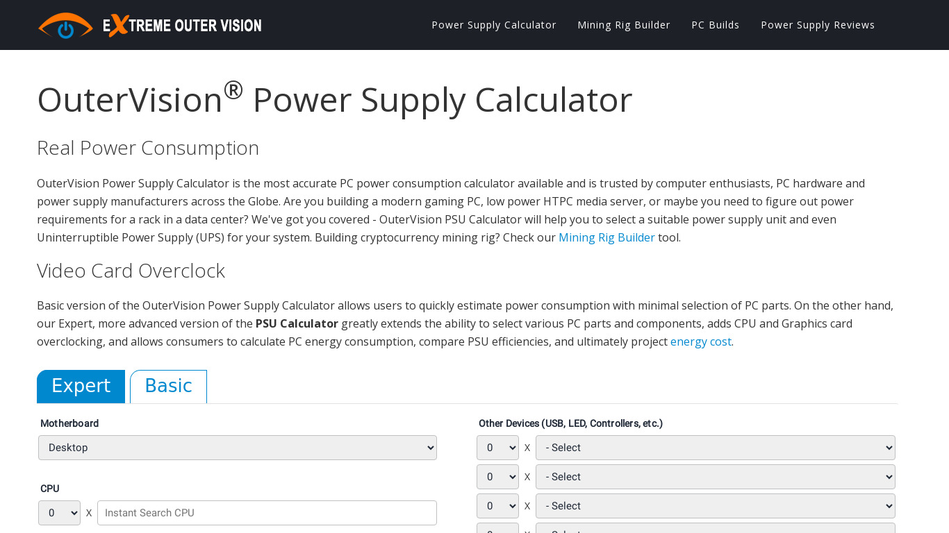 Outervision Power Supply Calculator Landing page