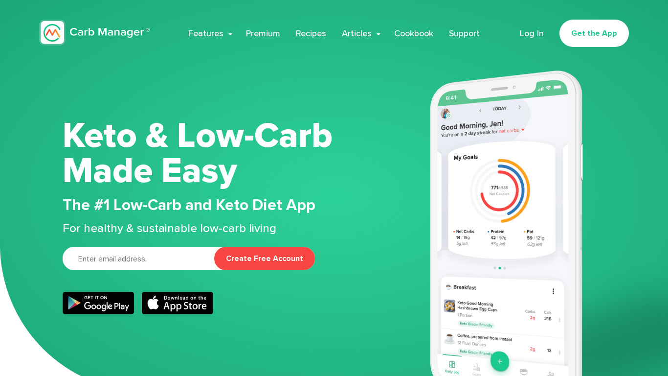 Carb Manager: Keto Diet App Landing page