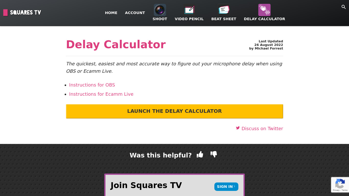Squares TV Delay Calculator Landing page