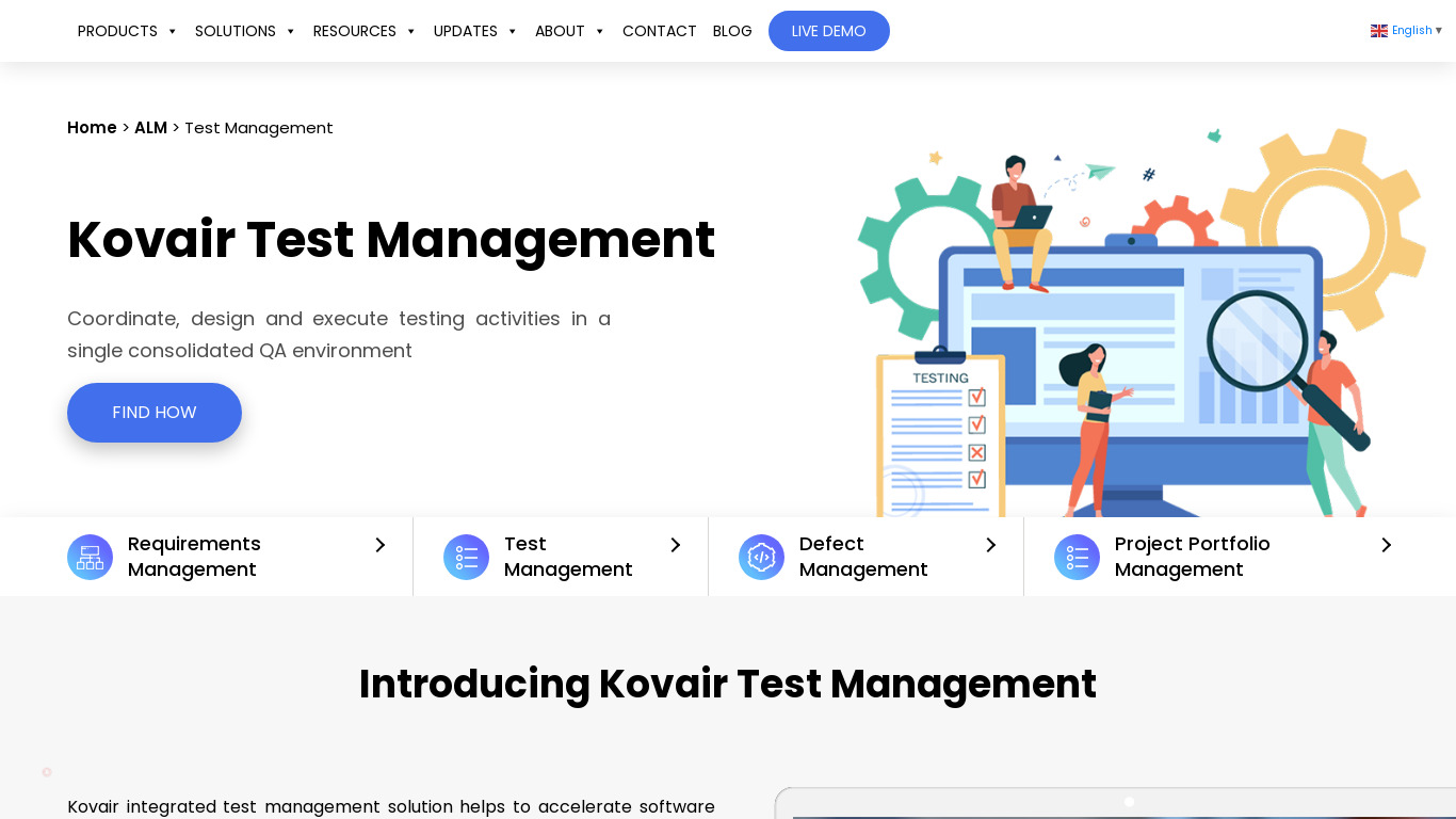 Kovair Test Management Landing page
