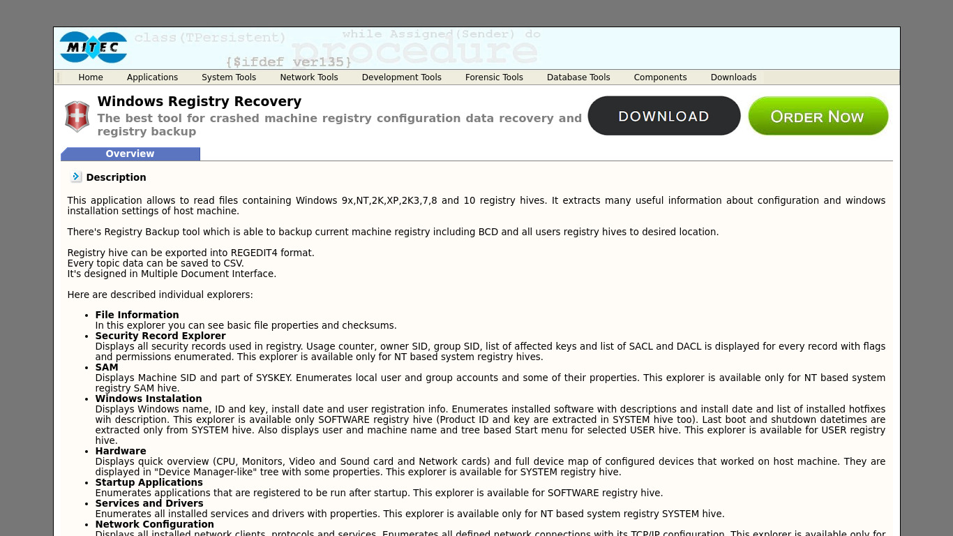 Windows Registry Recovery Landing page