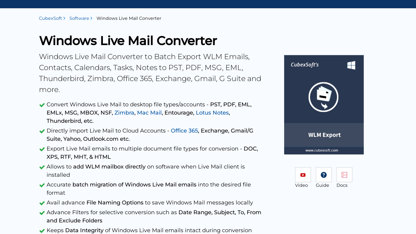 CubexSoft Windows Live Mail Converter Landing page