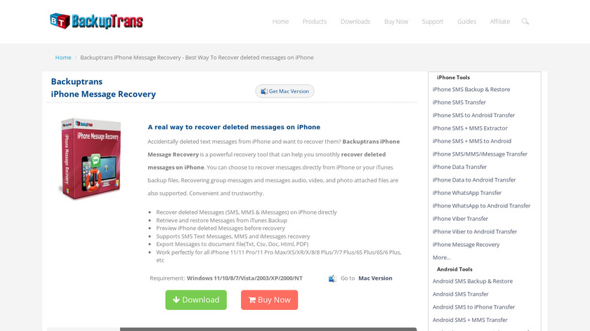 Backuptrans iPhone Message Recovery Landing Page