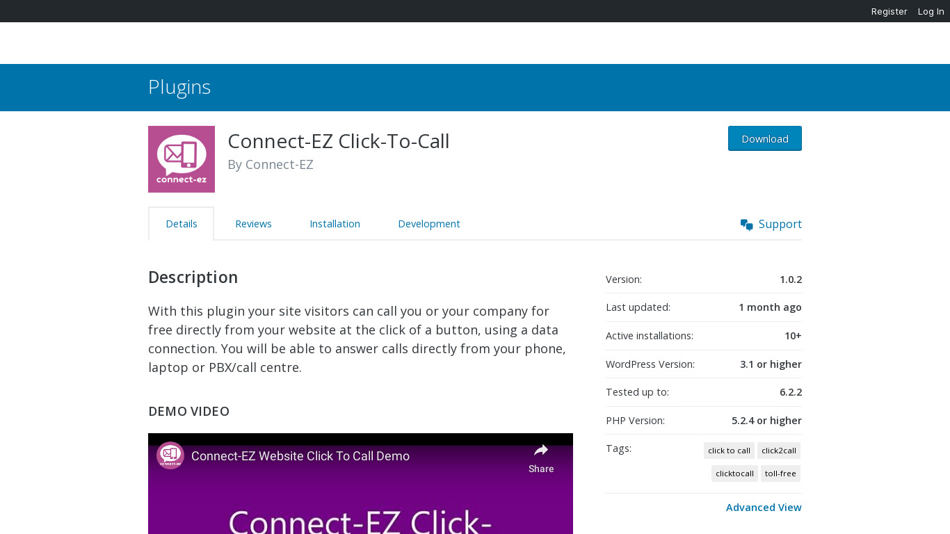 Click-to-Call WP Plugin Landing page