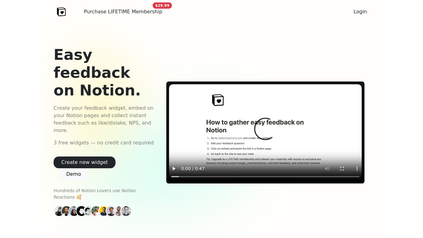 Notion Reactions Landing page