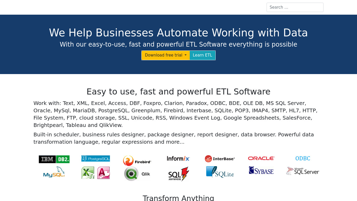 ETL tools Landing page