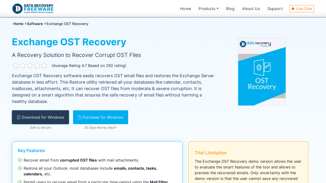 Exchange OST Recovery by DataRecoveryFreeware Landing page