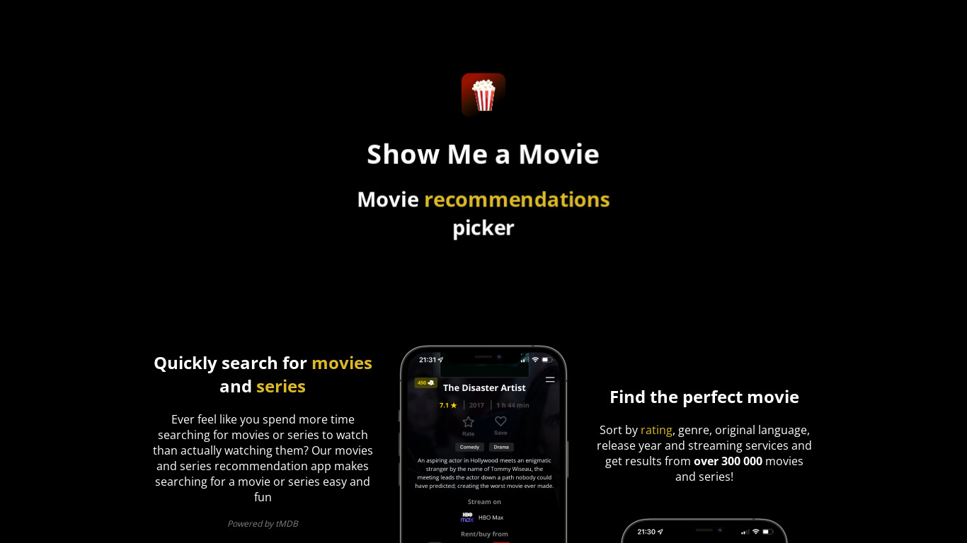 Show Me a Movie Landing page