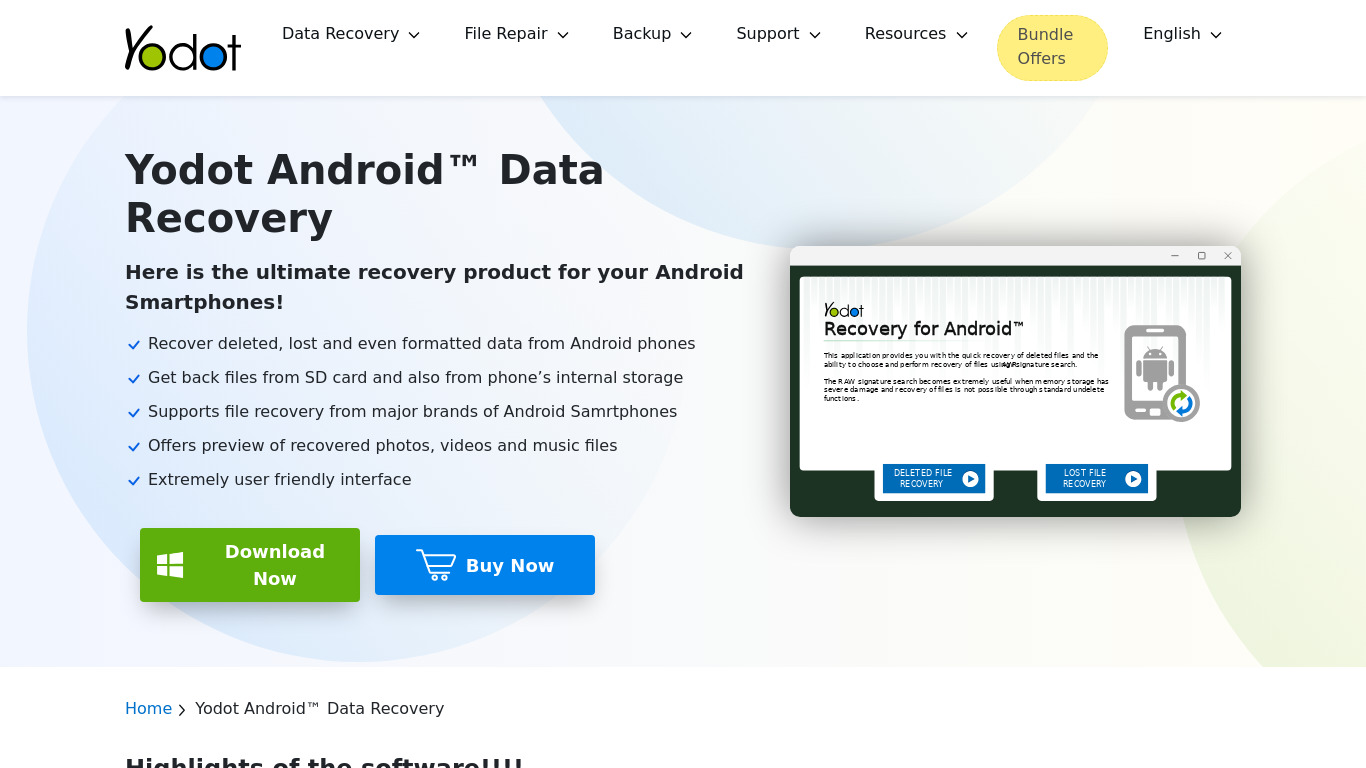 Yodot Android Data Recovery Landing page